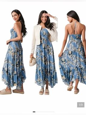 Free People Heat Wave Printed Maxi Dress in Allure Blue Combo size Medium